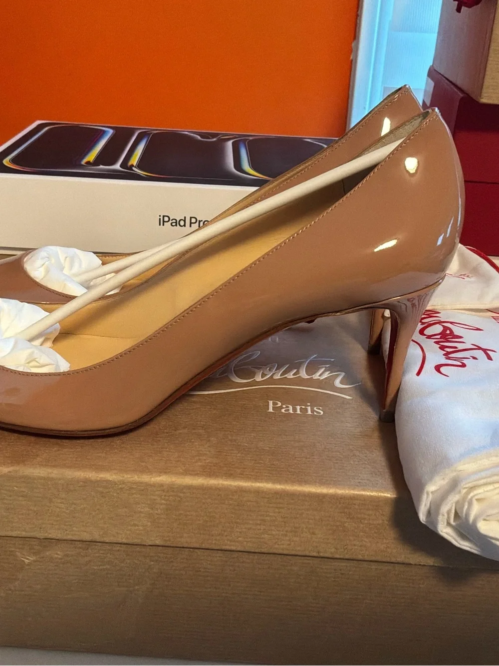 Christian Louboutin Nude Patent Pointed-Toe Pumps with Red Sole
